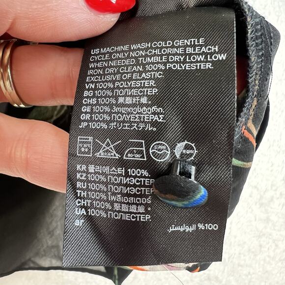 H&M Medium M Frill Ruffle Trimmed Chiffon Blouse Black Floral Smocked High Neck - Picture 10 of 16